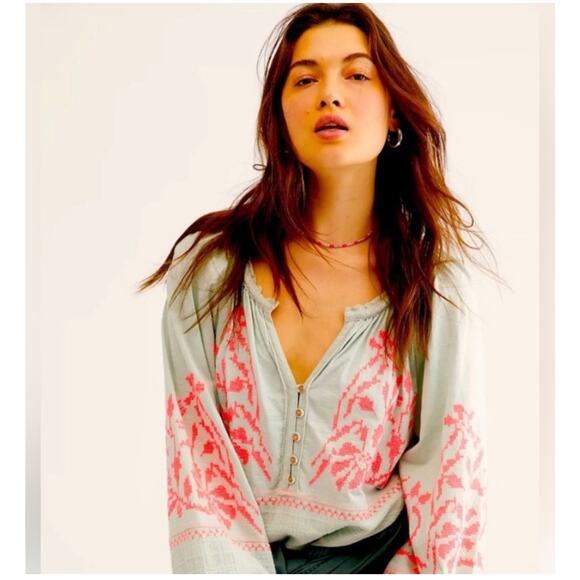 Free People Light Green and Pink Blouse - Picture 1 of 8